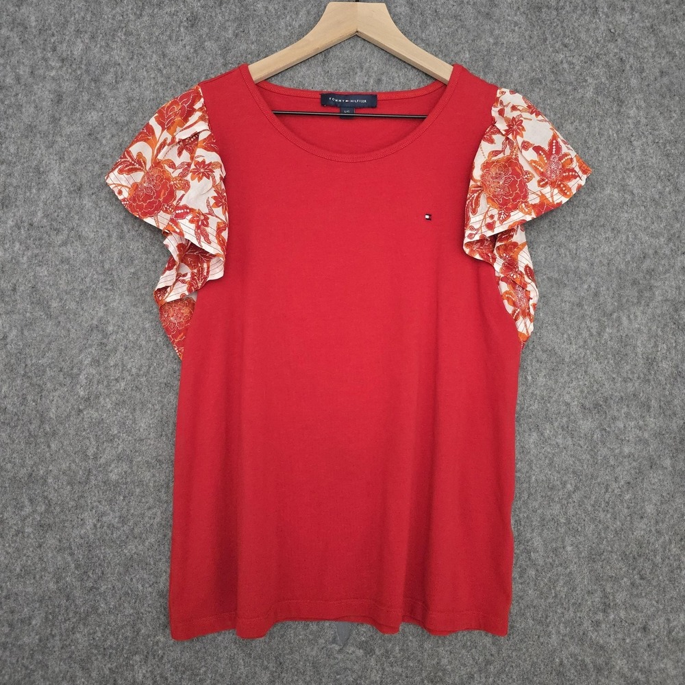 Tommy Hilfiger Shirt Womens L Red Floral Ruffle Flutter Sleeve Crew‎ Neck Top